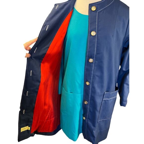 Vintage 60s 70s Collarless Car Coat Contrasting Stitch Sz M Blue White Cosplay - Picture 2 of 14